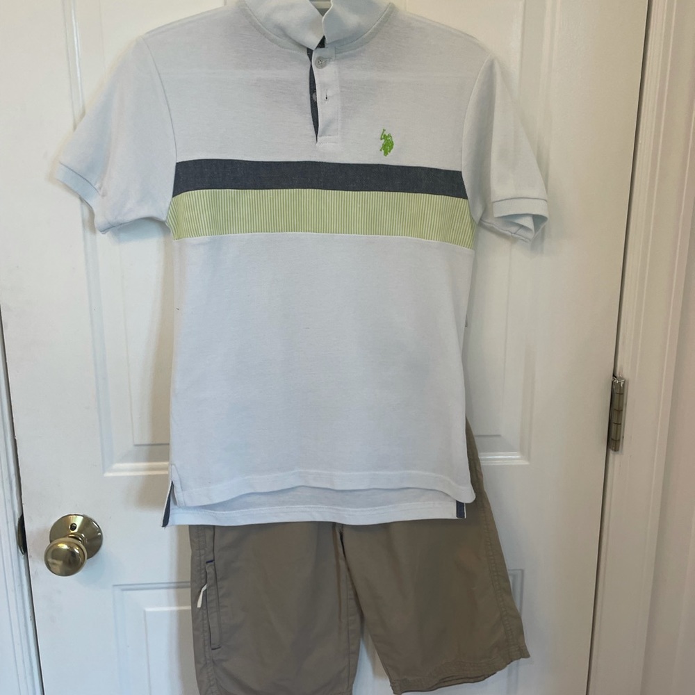 Polo white & green strip shirt, beige polo pants